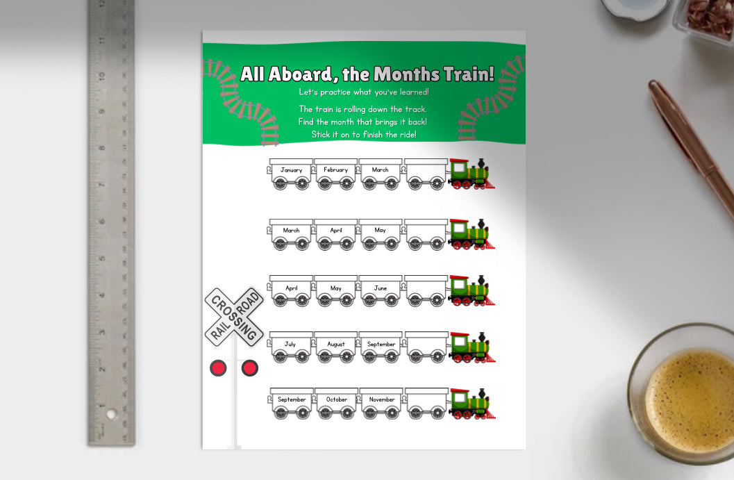 Educational poster with a train design teaching months of the year.
