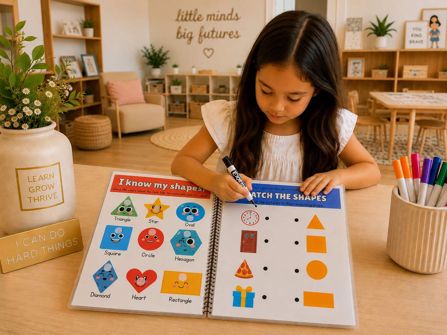 Young girl learning shapes with a book in a classroom setting