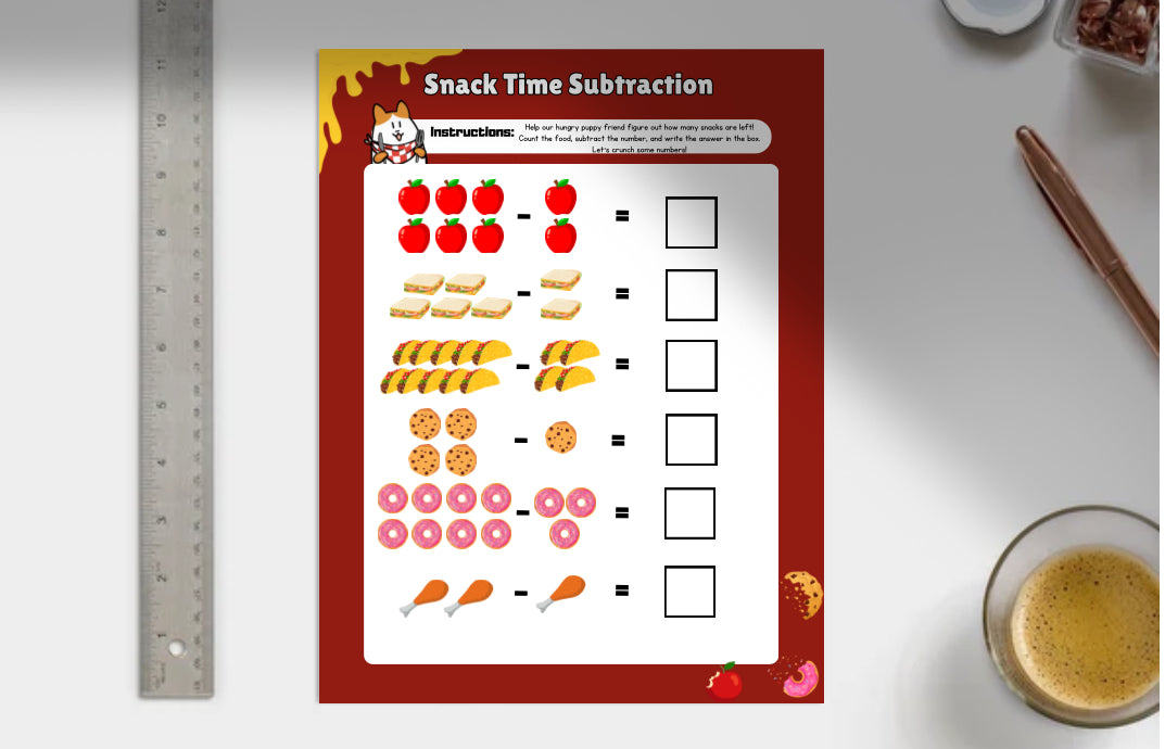 Educational worksheet titled 'Snack Time Subtraction' on a white surface