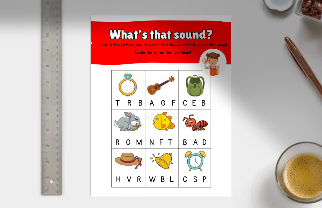 Educational worksheet titled 'What's that sound?' with pictures and letters 