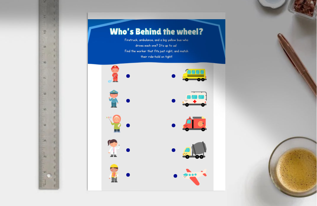Educational worksheet titled 'Who's Behind the Wheel?' with illustrations of people and vehicles 