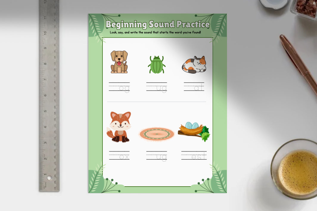 Educational worksheet titled 'Beginning Sound Practice' with illustrations of animals and objects