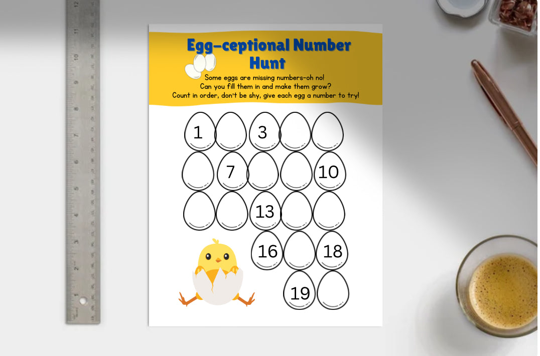 Egg-ceptional Number Hunt worksheet with numbers 1 to 20 on a white background.