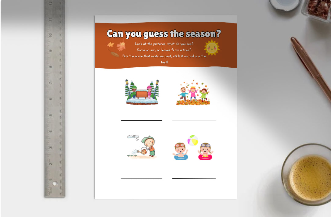 Educational worksheet titled 'Can you guess the season?' with illustrations of winter, spring, and summer on a white surface.