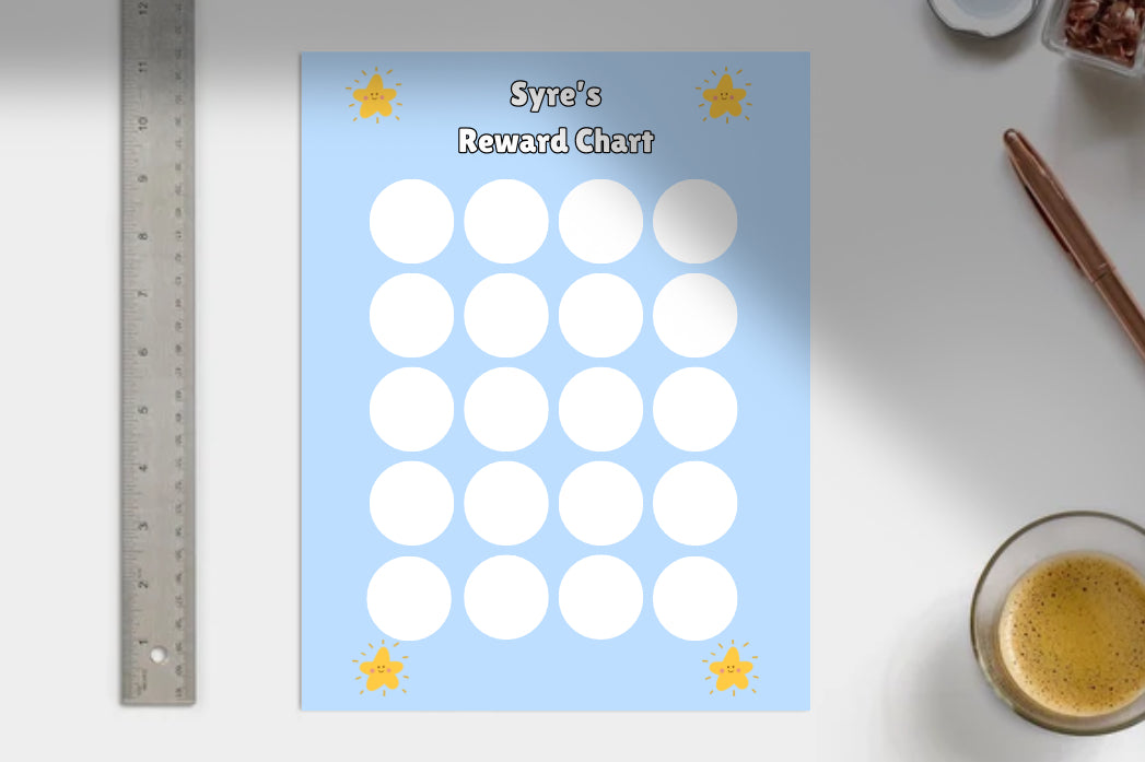 Reward chart with white circles and yellow stars on a blue background