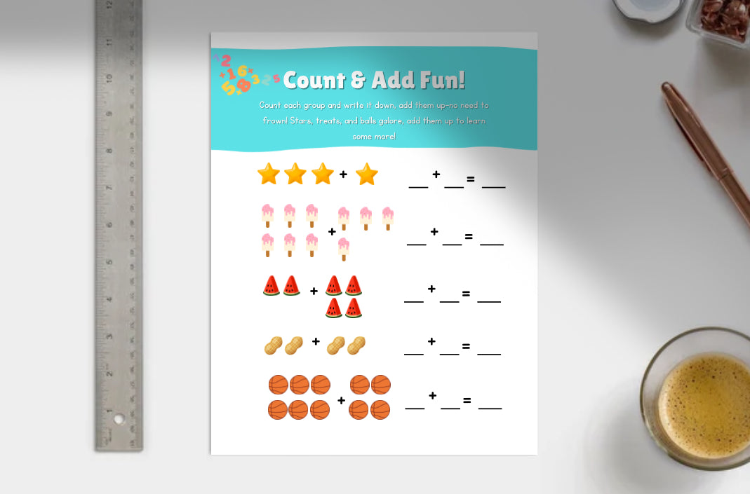Educational worksheet titled 'Count & Add Fun!' with colorful illustrations and arithmetic problems