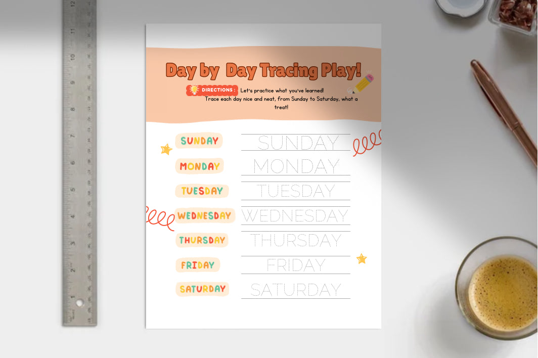 Educational worksheet titled 'Day by Day Tracing Play' with the days of the week listed