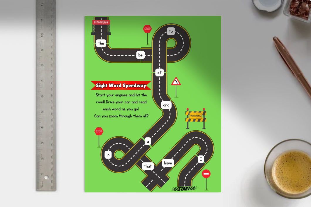 Sight word speedway game board on a green background with roads and road signs.