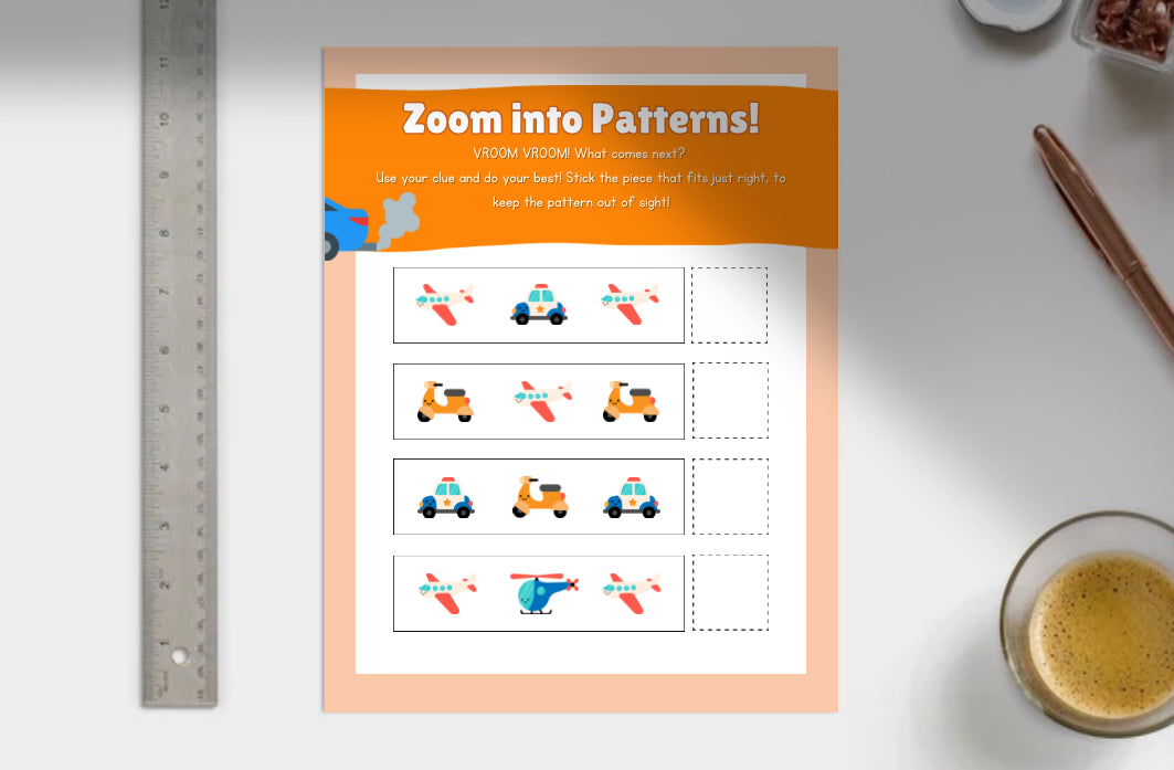 Educational worksheet titled 'Zoom into Patterns!' with colorful vehicle illustrations on a white surface.