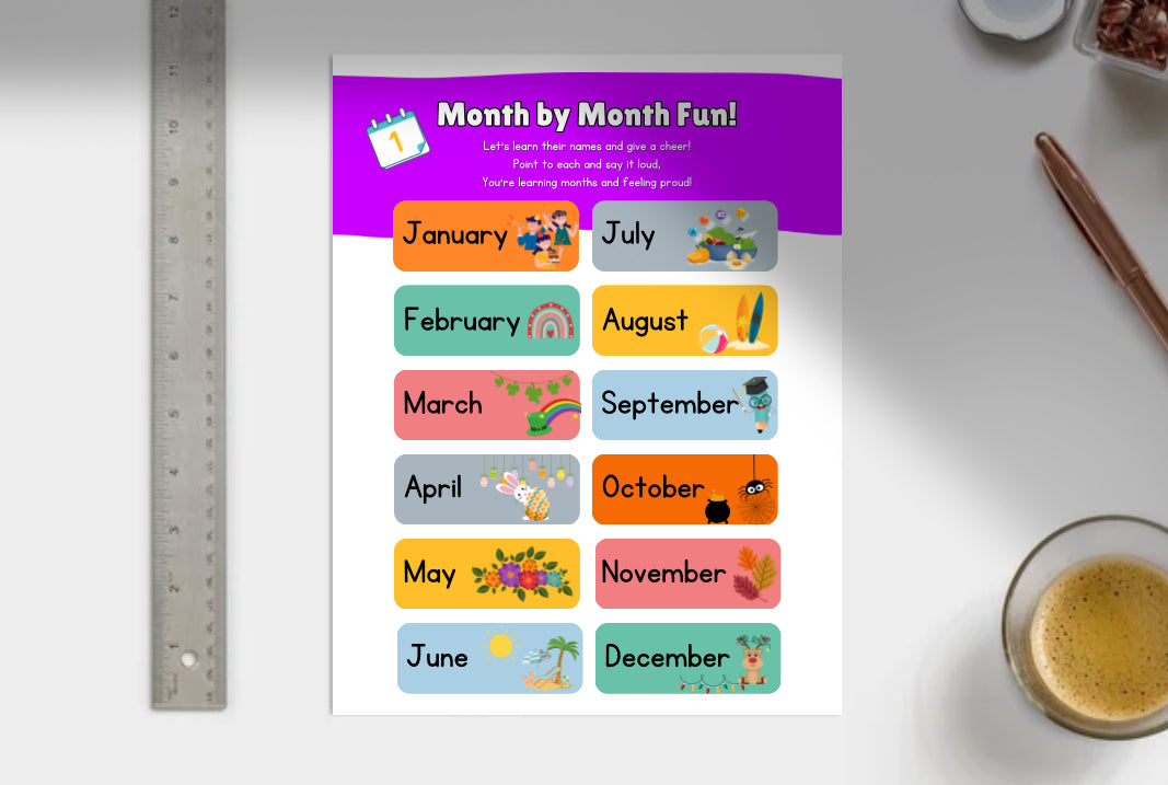 Educational worksheet titled 'Month by Month Fun' with a list of the months