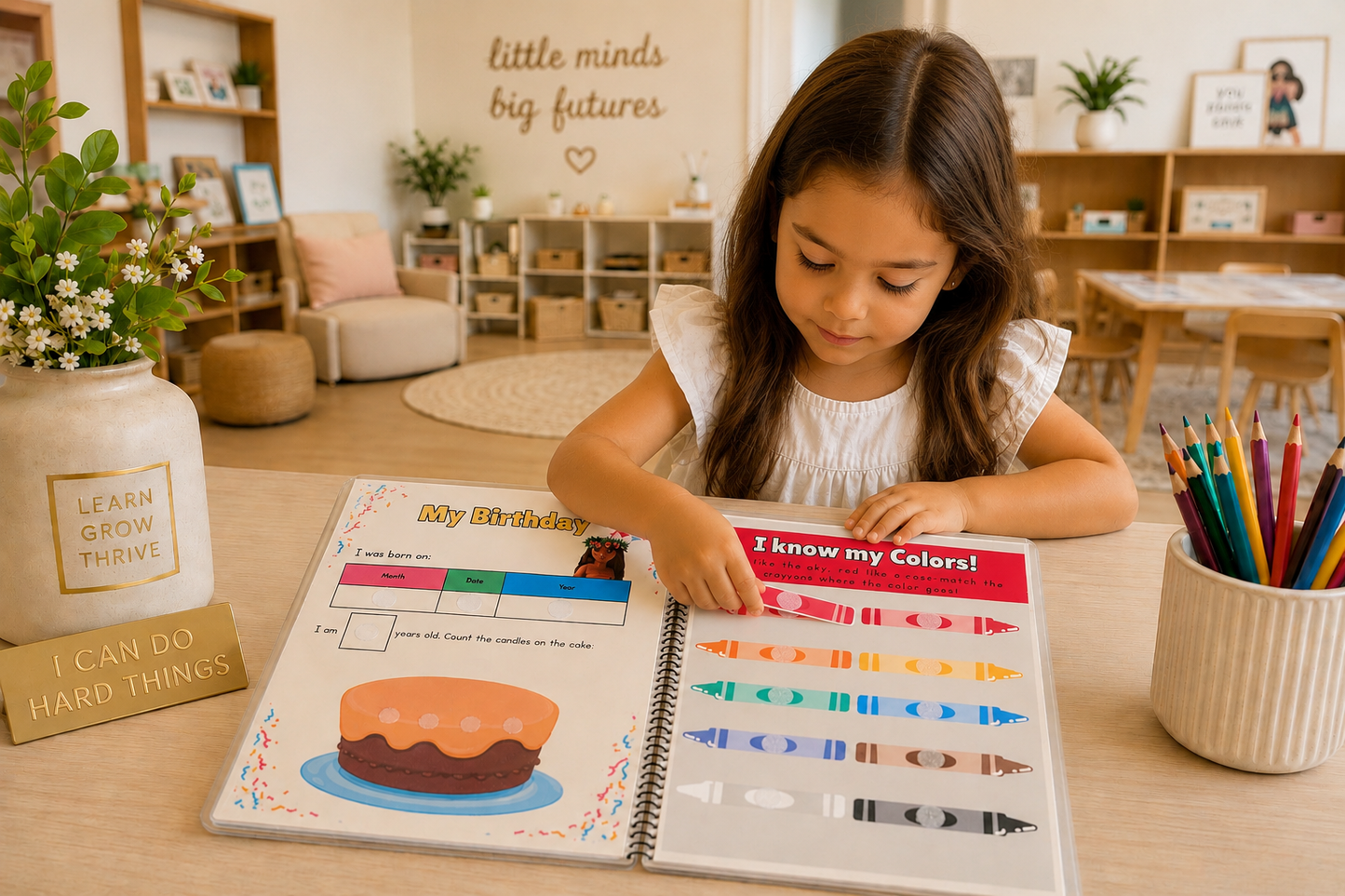 Child using personalized preschool learning binder in classroom