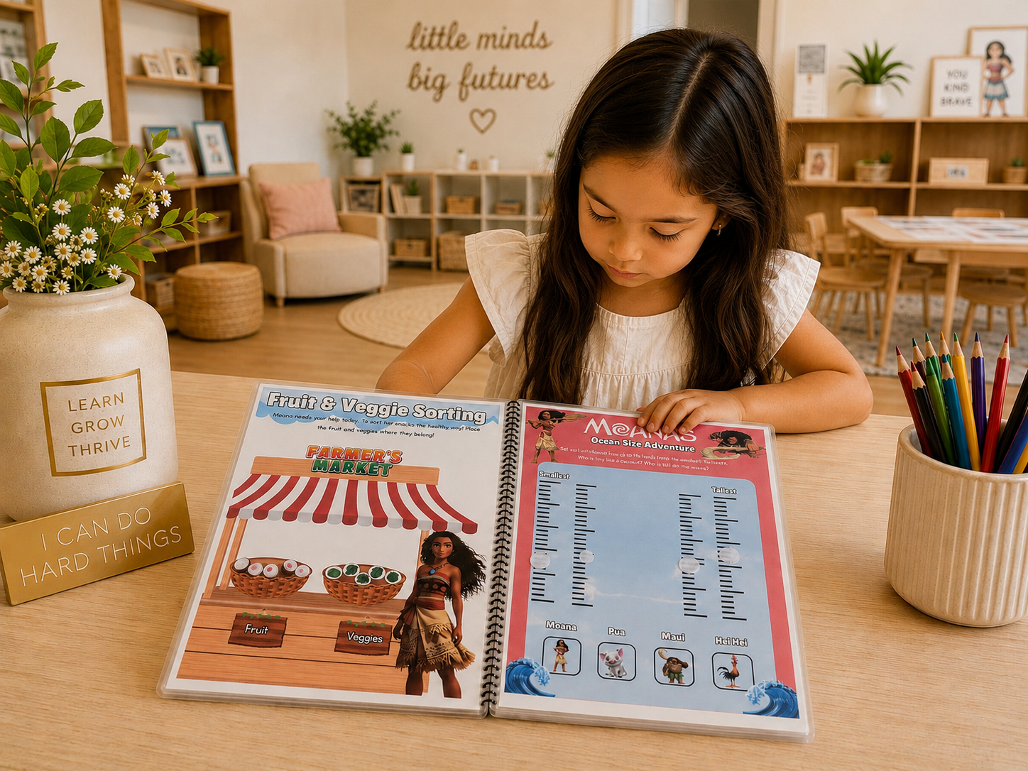 Child using personalized preschool learning binder in classroom